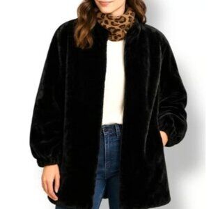 Vtg Black Faux Fur Coat Sz M USA Made Monterey Fashions Mid Length Lined Womens